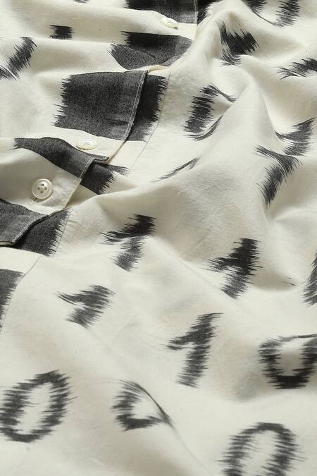 Abraham And Thakore_Black Silk, Cotton Collared Ikat Code Pattern Shirt Dress_at_Aza_Fashions
