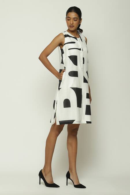 Buy_Abraham And Thakore_Black Silk, Cotton Round Neck Calligraphy Pattern Tunic Dress_Online_at_Aza_Fashions