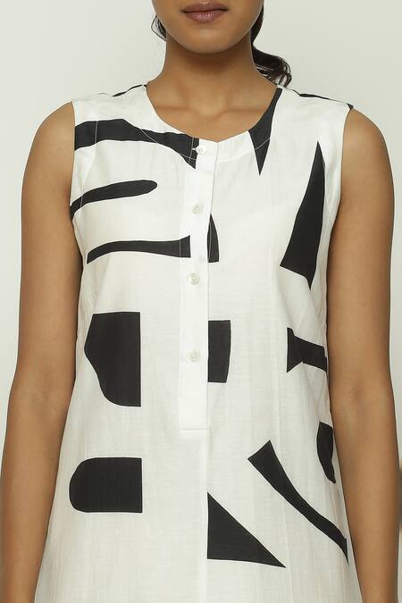 Shop_Abraham And Thakore_Black Silk, Cotton Round Neck Calligraphy Pattern Tunic Dress_Online_at_Aza_Fashions