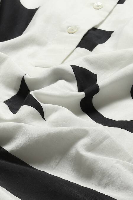 Abraham And Thakore_Black Silk, Cotton Round Neck Calligraphy Pattern Tunic Dress_at_Aza_Fashions