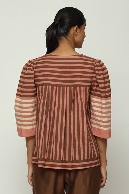 Shop Abraham And Thakore Red Cotton Round Neck Striped Applique Pattern Top at Aza Fashions Shop_Abraham And Thakore_Red Cotton Round Neck Striped Applique Pattern Top_at_Aza_Fashions
