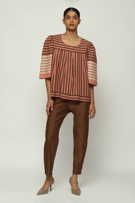 Abraham And Thakore Red Cotton Round Neck Striped Applique Pattern Top Online at Aza Fashions Abraham And Thakore_Red Cotton Round Neck Striped Applique Pattern Top_Online_at_Aza_Fashions