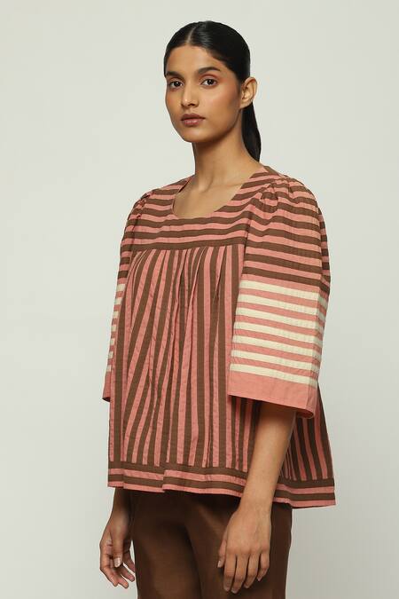 Buy Abraham And Thakore Red Cotton Round Neck Striped Applique Pattern Top Online at Aza Fashions Buy_Abraham And Thakore_Red Cotton Round Neck Striped Applique Pattern Top_Online_at_Aza_Fashions