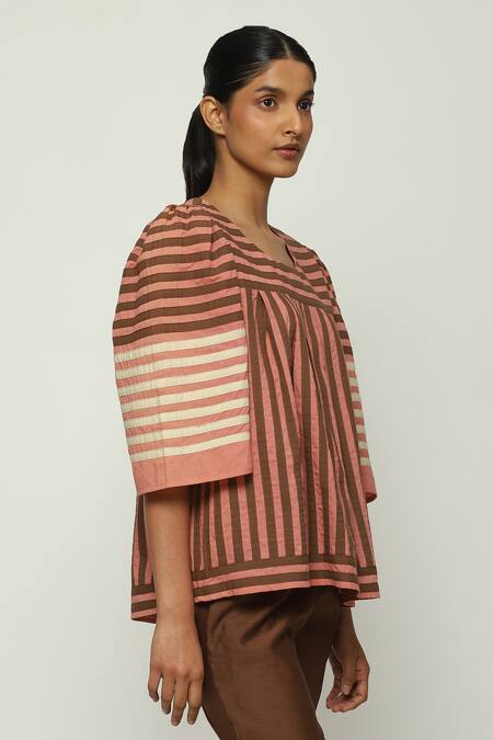 Shop Abraham And Thakore Red Cotton Round Neck Striped Applique Pattern Top Online at Aza Fashions Shop_Abraham And Thakore_Red Cotton Round Neck Striped Applique Pattern Top_Online_at_Aza_Fashions