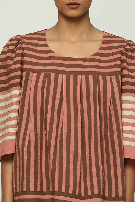 Abraham And Thakore Red Cotton Round Neck Striped Applique Pattern Top at Aza Fashions Abraham And Thakore_Red Cotton Round Neck Striped Applique Pattern Top_at_Aza_Fashions