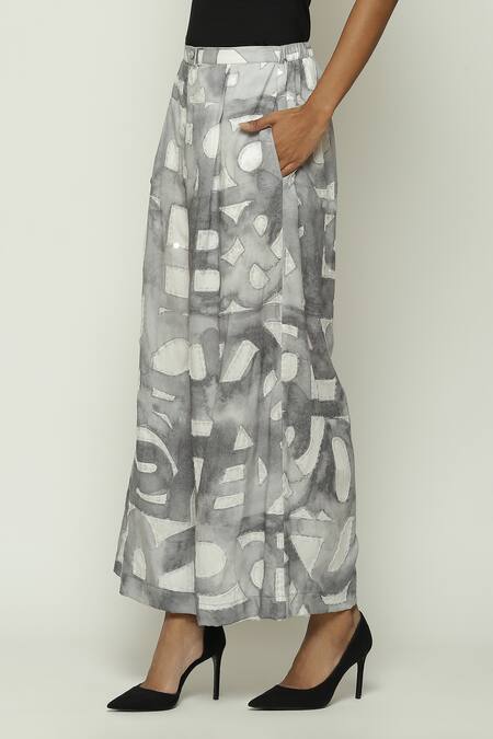 Abraham And Thakore_White Tencel Watercolor Calligraphy Pattern Trouser _Online_at_Aza_Fashions