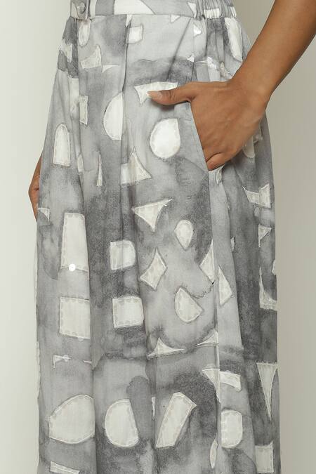 Buy_Abraham And Thakore_White Tencel Watercolor Calligraphy Pattern Trouser _Online_at_Aza_Fashions