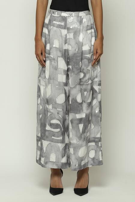 Abraham And Thakore_White Tencel Watercolor Calligraphy Pattern Trouser _at_Aza_Fashions