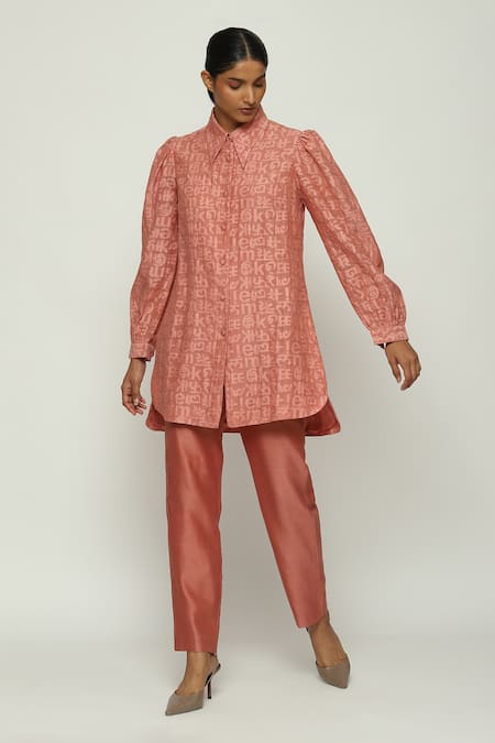 Abraham & Thakore Red Chanderi Collared Calligraphy Cutwork Pattern Shirt 