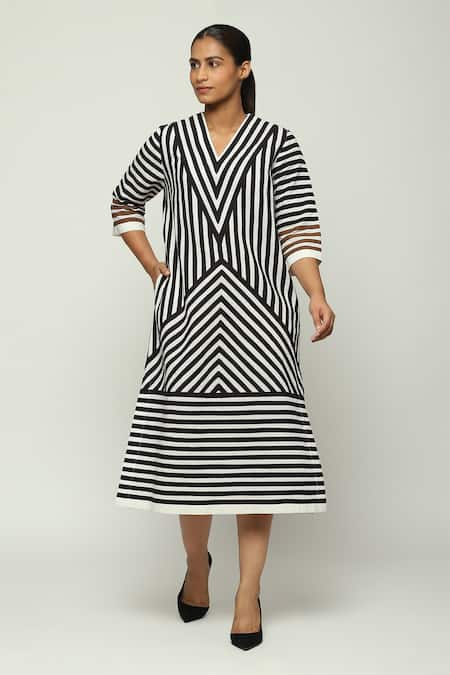 Abraham & Thakore Geometric Striped Applique Midi Dress 