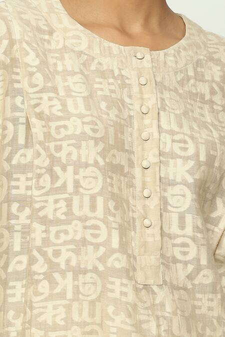 Shop_Abraham And Thakore_Beige Chanderi Cut Work Round Neck Calligraphy A Line Kurta _Online_at_Aza_Fashions