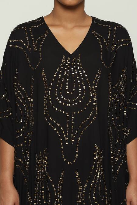 Shop_Abraham And Thakore_Black Silk Sequins, Beads V-neck Ottoman Tulip Embroidered Kaftan_Online_at_Aza_Fashions