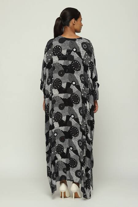 Shop Abraham And Thakore Black Silk Sequins, Embroidery V-neck And Button Circlet Haze Work Kaftan at Aza Fashions Shop_Abraham And Thakore_Black Silk Sequins, Embroidery V-neck And Button Circlet Haze Work Kaftan_at_Aza_Fashions