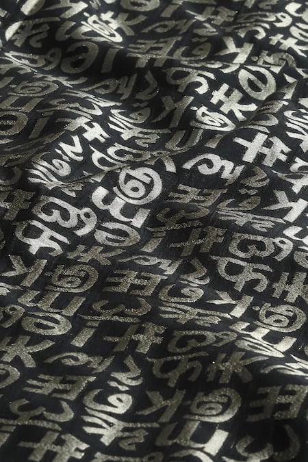 Abraham And Thakore_Black Chanderi Cut Work V-neck Calligraphy Zari Pattern Midi Dress_at_Aza_Fashions