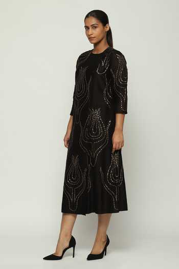 ABRAHAM AND THAKORE_Black Chanderi Sequins, Beads Round Neck Ottoman Tulip Embroidered Kurta_Online_at_Aza_Fashions
