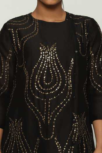 Shop_ABRAHAM AND THAKORE_Black Chanderi Sequins, Beads Round Neck Ottoman Tulip Embroidered Kurta_Online_at_Aza_Fashions