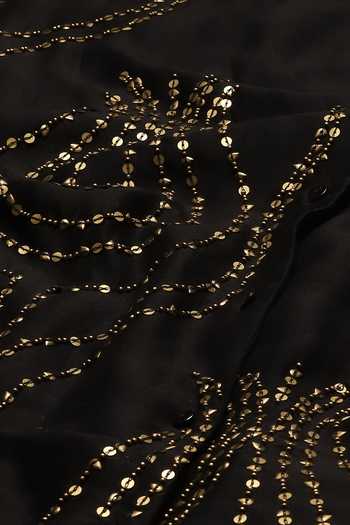 ABRAHAM AND THAKORE_Black Chanderi Sequins, Beads Round Neck Ottoman Tulip Embroidered Kurta_at_Aza_Fashions
