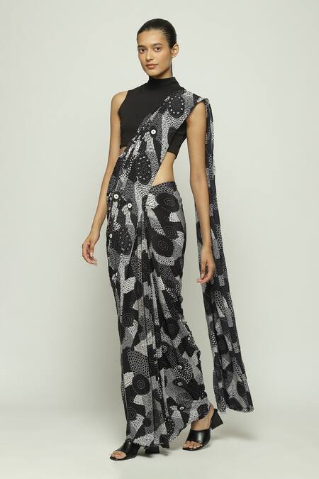 Abraham And Thakore_White Silk Sequins Haze And Button Embroidered Saree_Online_at_Aza_Fashions