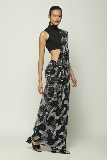 Buy_Abraham And Thakore_White Silk Sequins Haze And Button Embroidered Saree_Online_at_Aza_Fashions