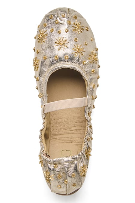 Dang Shoes_Gold Bloom Embroidered Ballerinas _Online_at_Aza_Fashions