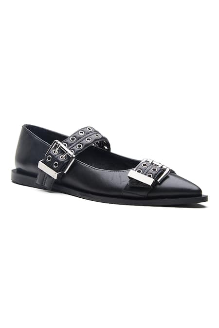 Dang Shoes Black Double Buckle Strap Flats 