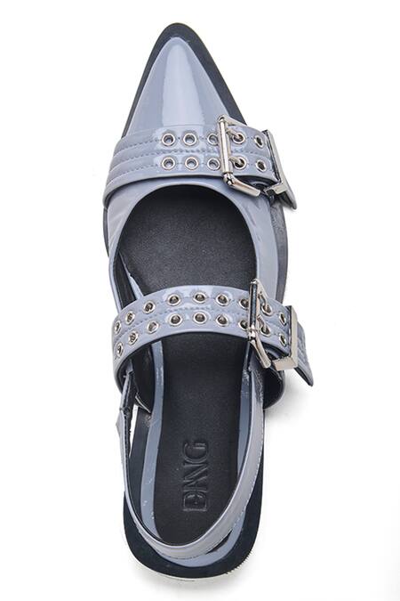 Dang Shoes_Grey Metallic Rivet Strap Flats_Online_at_Aza_Fashions