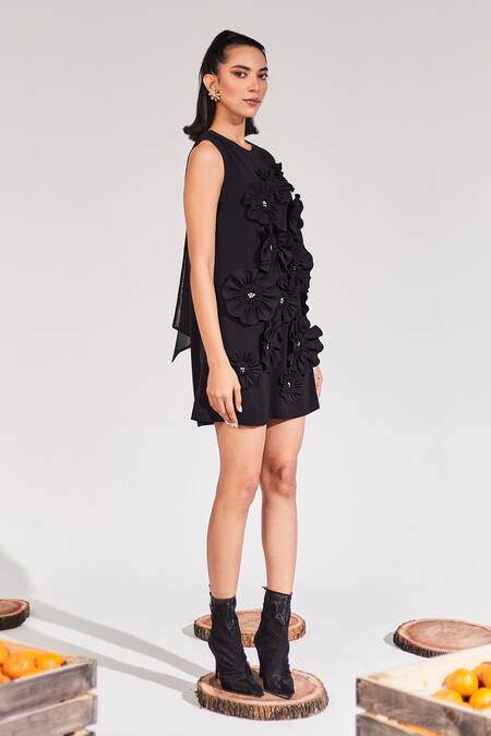 House Of Zeniaa_Black Crepe Embroidery Round Neck Tuscany Embellished Short Dress_Online_at_Aza_Fashions