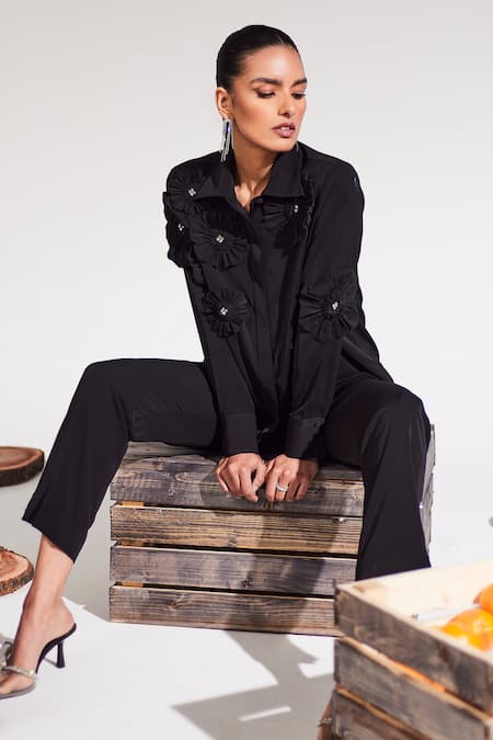House Of Zeniaa_Black Crepe Embroidery Collared Bloom Embellished Shirt And Pant Co-ord Set_Online_at_Aza_Fashions