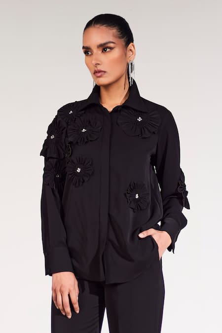 Buy_House Of Zeniaa_Black Crepe Embroidery Collared Bloom Embellished Shirt And Pant Co-ord Set_Online_at_Aza_Fashions