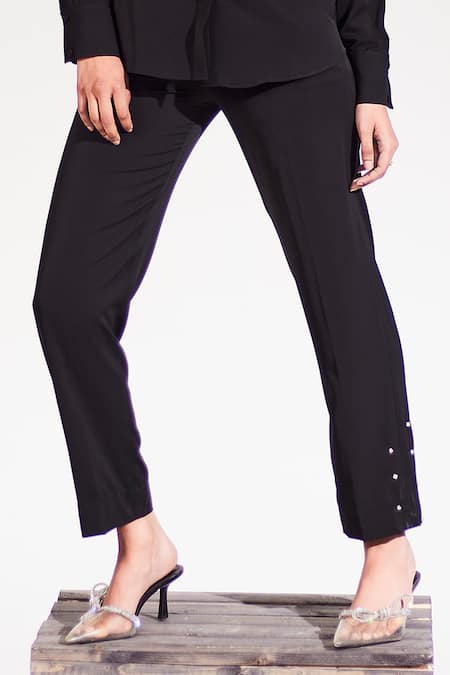 Shop_House Of Zeniaa_Black Crepe Embroidery Collared Bloom Embellished Shirt And Pant Co-ord Set_Online_at_Aza_Fashions