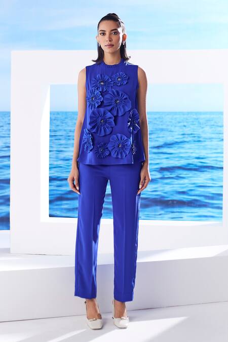 Buy House Of Zeniaa Blue Crepe Fabric Flowers Ibiza Embellished Top And Pant Set Online at Aza Fashions Buy_House Of Zeniaa_Blue Crepe Fabric Flowers Ibiza Embellished Top And Pant Set_Online_at_Aza_Fashions