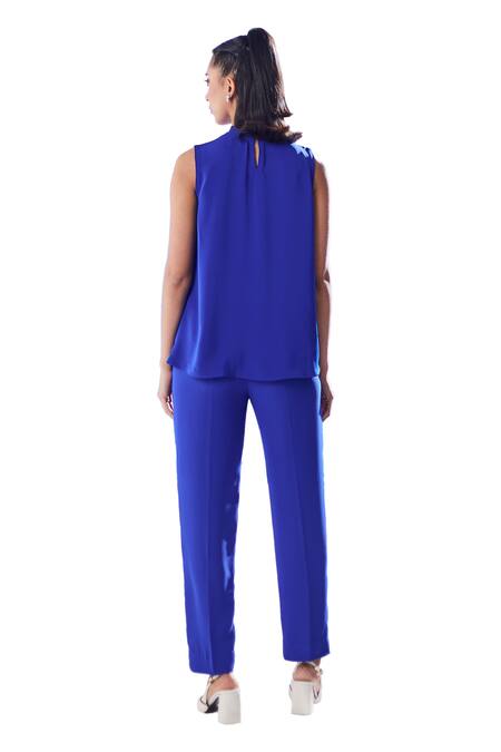Buy House Of Zeniaa Blue Crepe Fabric Flowers Ibiza Embellished Top And Pant Set Buy_House Of Zeniaa_Blue Crepe Fabric Flowers Ibiza Embellished Top And Pant Set