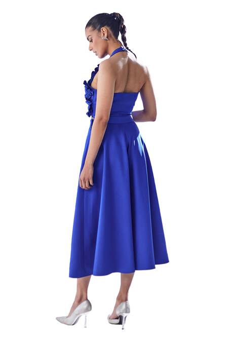 Shop_House Of Zeniaa_Blue Crepe Embroidery Halter Neck Flower Embellished Bora-bora Top_Online_at_Aza_Fashions