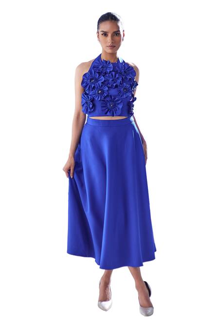House Of Zeniaa_Blue Crepe Embroidery Halter Neck Flower Embellished Bora-bora Top_at_Aza_Fashions