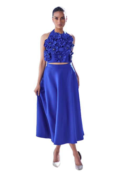 House Of Zeniaa_Blue Crepe Fabric Flowers Halter Neck Embellished Bora-bora Top With Skirt_at_Aza_Fashions