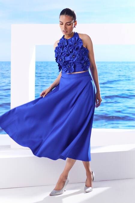 Shop_House Of Zeniaa_Blue Crepe Fabric Flowers Halter Neck Embellished Bora-bora Top With Skirt
