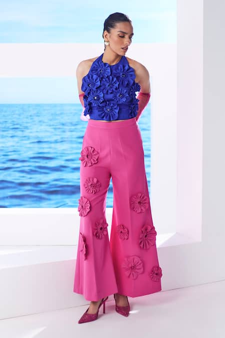 House Of Zeniaa_Blue Crepe Embroidery Halter Neck Emma Floral Embellished Top And Pant Co-ord Set_Online_at_Aza_Fashions