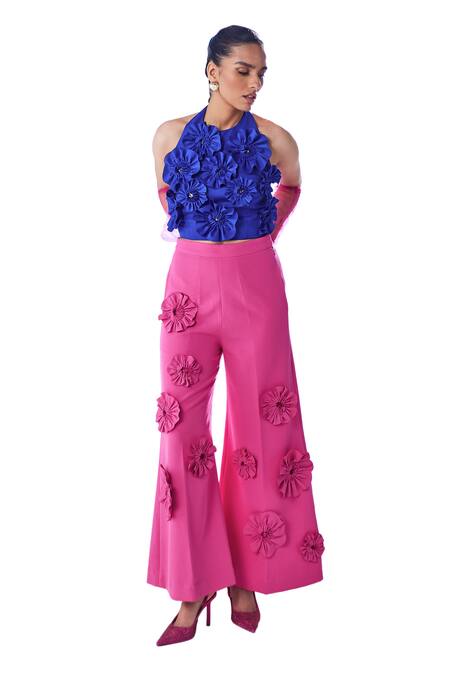 Buy_House Of Zeniaa_Blue Crepe Embroidery Halter Neck Emma Floral Embellished Top And Pant Co-ord Set_Online_at_Aza_Fashions