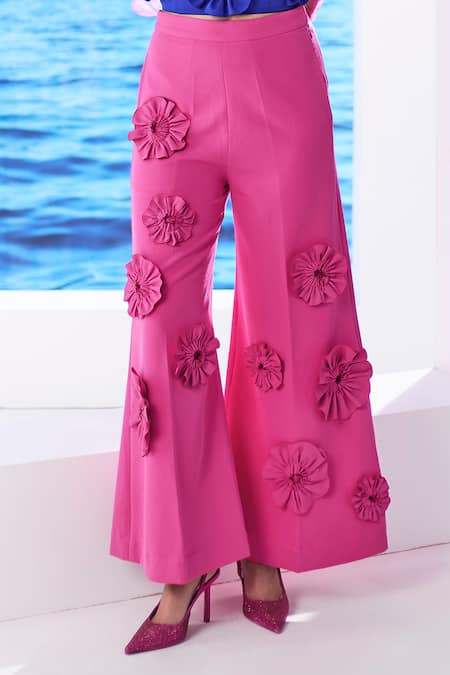 Shop_House Of Zeniaa_Blue Crepe Embroidery Halter Neck Emma Floral Embellished Top And Pant Co-ord Set_Online_at_Aza_Fashions