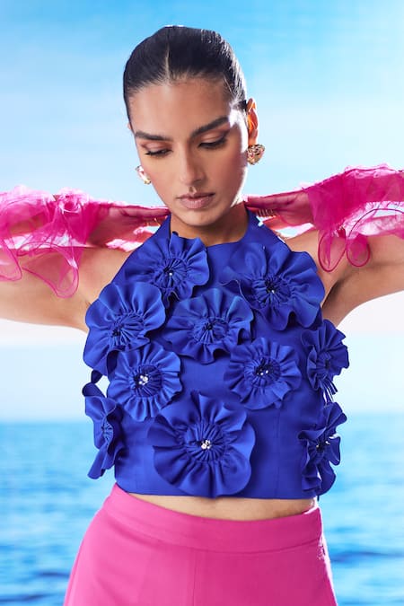 House Of Zeniaa_Blue Crepe Embroidery Halter Neck Emma Floral Embellished Top And Pant Co-ord Set_at_Aza_Fashions