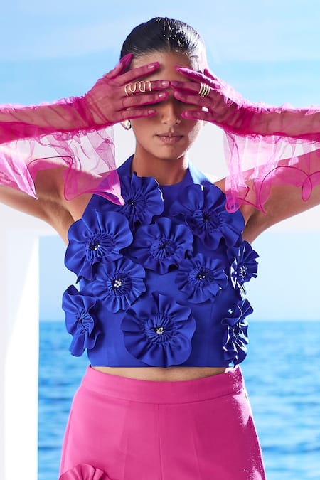 Buy_House Of Zeniaa_Blue Crepe Embroidery Halter Neck Emma Floral Embellished Top And Pant Co-ord Set