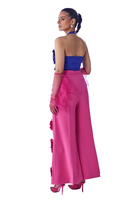 Shop_House Of Zeniaa_Blue Crepe Embroidery Halter Neck Emma Floral Embellished Top And Pant Co-ord Set