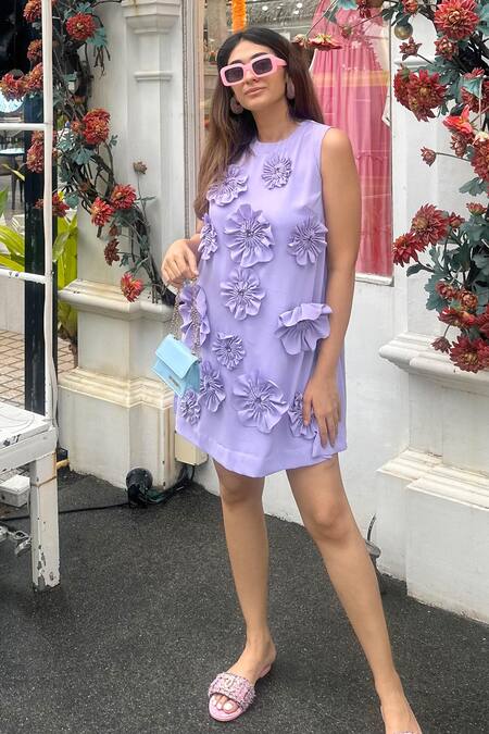 House Of Zeniaa Purple Crepe Embroidery Round Neck Lopera 3d Embellished Short Dress Online at Aza Fashions House Of Zeniaa_Purple Crepe Embroidery Round Neck Lopera 3d Embellished Short Dress_Online_at_Aza_Fashions