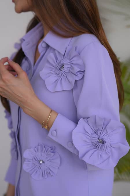 House Of Zeniaa_Purple Crepe Embroidery Collared Bloom Embellished Shirt And Pant Co-ord Set_Online_at_Aza_Fashions