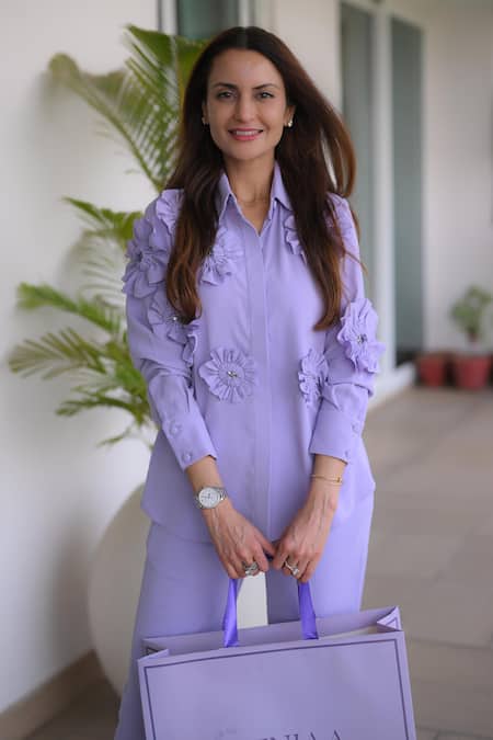 Buy_House Of Zeniaa_Purple Crepe Embroidery Collared Bloom Embellished Shirt And Pant Co-ord Set_Online_at_Aza_Fashions