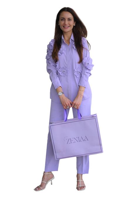 Shop_House Of Zeniaa_Purple Crepe Embroidery Collared Bloom Embellished Shirt And Pant Co-ord Set_Online_at_Aza_Fashions
