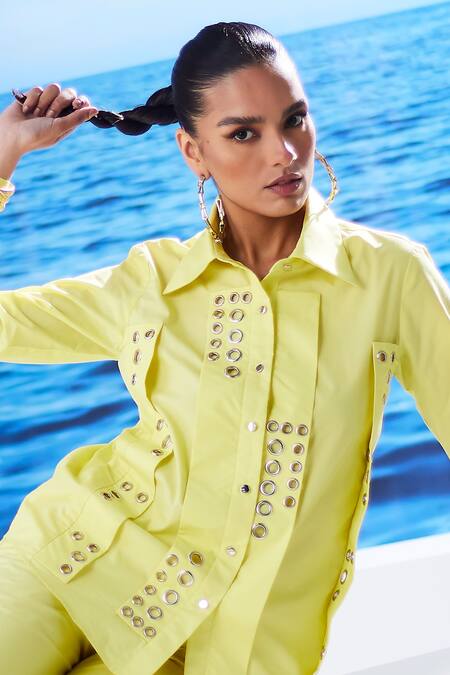 House Of Zeniaa_Yellow Cotton Collared Lemon Loaf Shirt With Pant_Online_at_Aza_Fashions