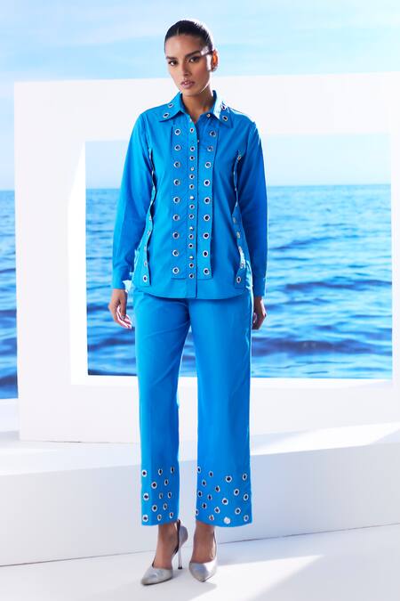 House Of Zeniaa_Blue Cotton Collared Rivet Detailed Shirt_Online_at_Aza_Fashions