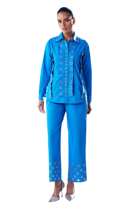 Buy_House Of Zeniaa_Blue Cotton Collared Rivet Detailed Shirt_Online_at_Aza_Fashions