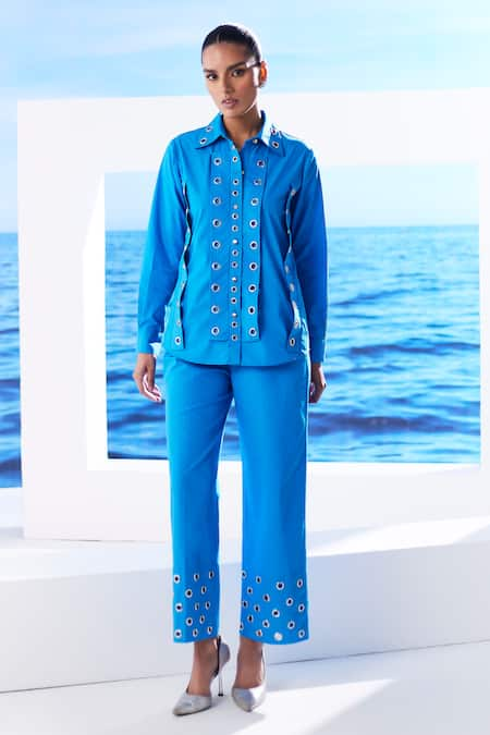 House of Zeniaa Blue Cotton Rivet Collared Detailed Shirt And Pant 